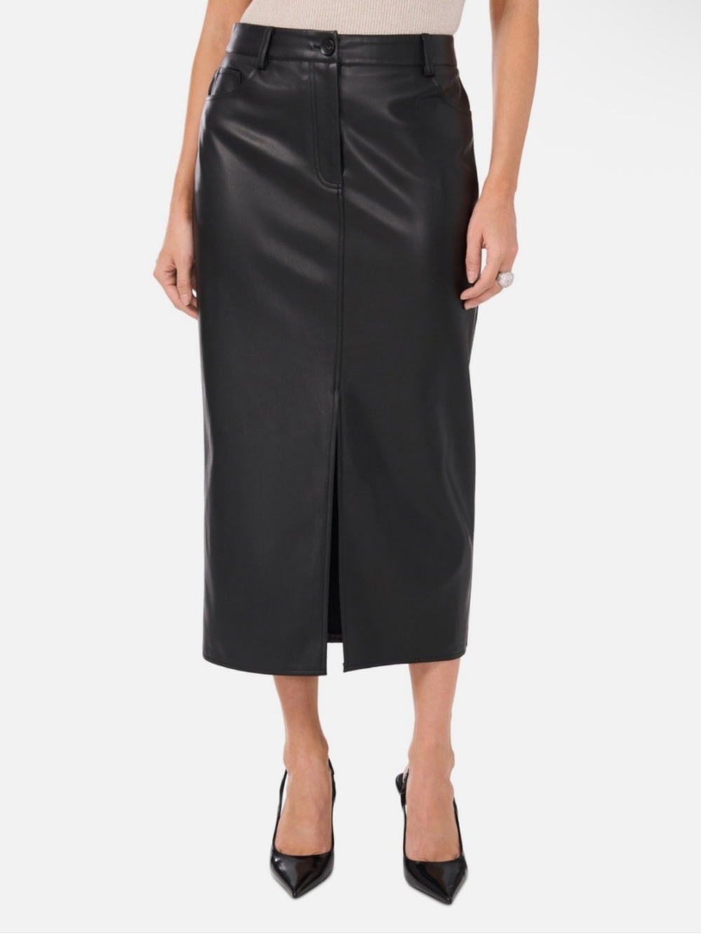 Vince Camuto Faux Leather Front Slit Midi Skirt in Black Size 12